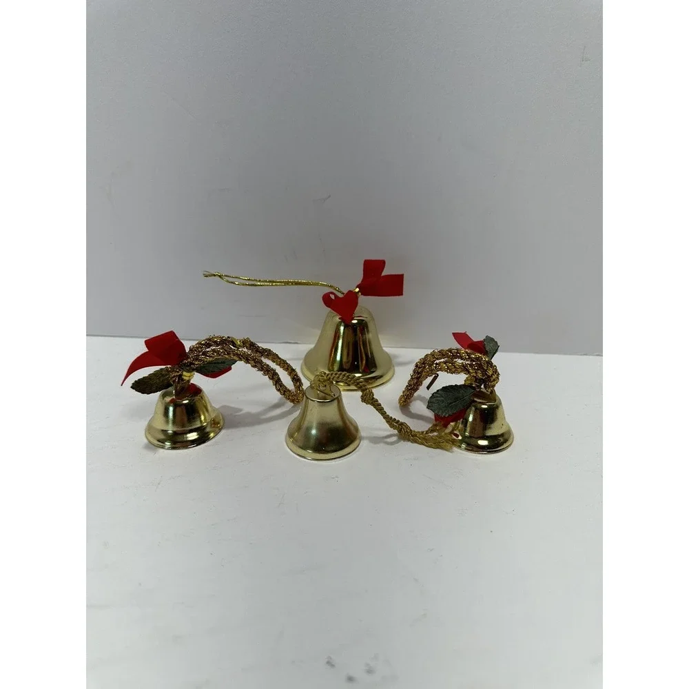 Lot Of 4 Gold Color Rustic Vintage Iron Tin Metal Ornaments Jingle Bells 1980's